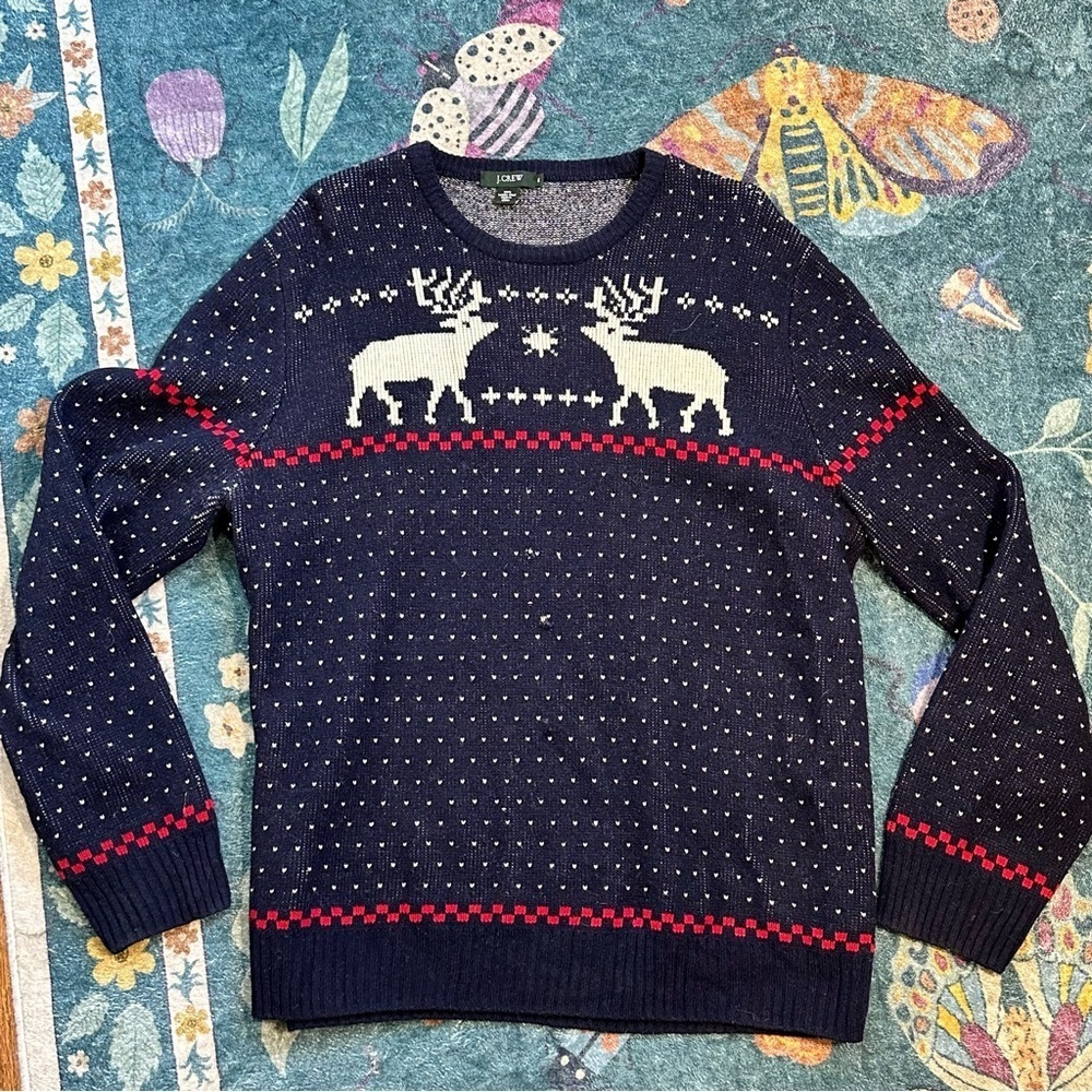 J.Crew Navy Blue Reindeer Fair Isle Lambswool Sweater Large